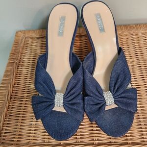 Guess Dark Blue Denim Wedge Sandals with Bow